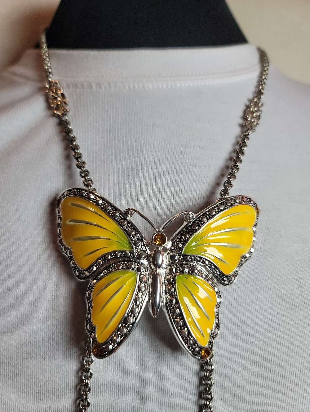 Artisan, Statement Large Enamel & Rhinestone ButterflyLariat Necklace Silvertone